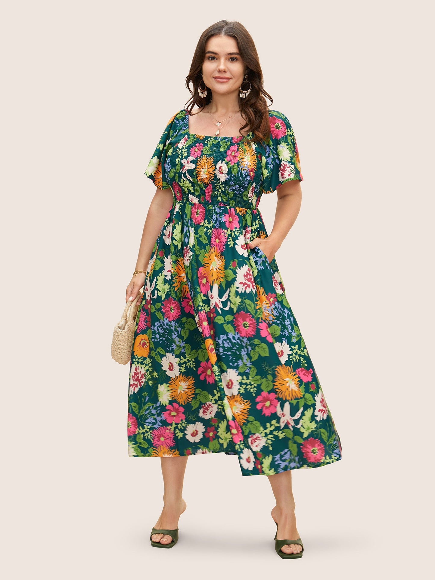 Floral Shirred Square Neck Pocket Midi Dress