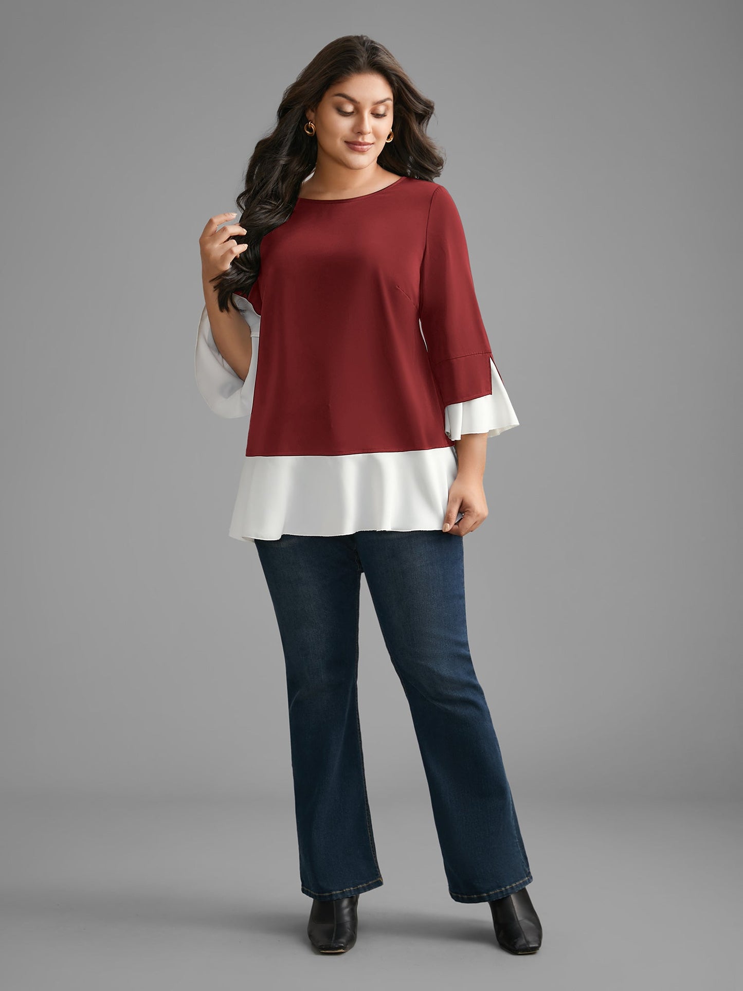 Contrast Patchwork Bell Sleeve Blouse