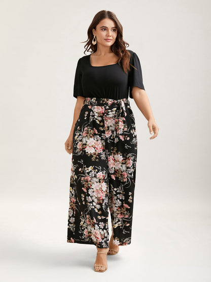 Color Contrast Belted Panel Pockets Jumpsuit