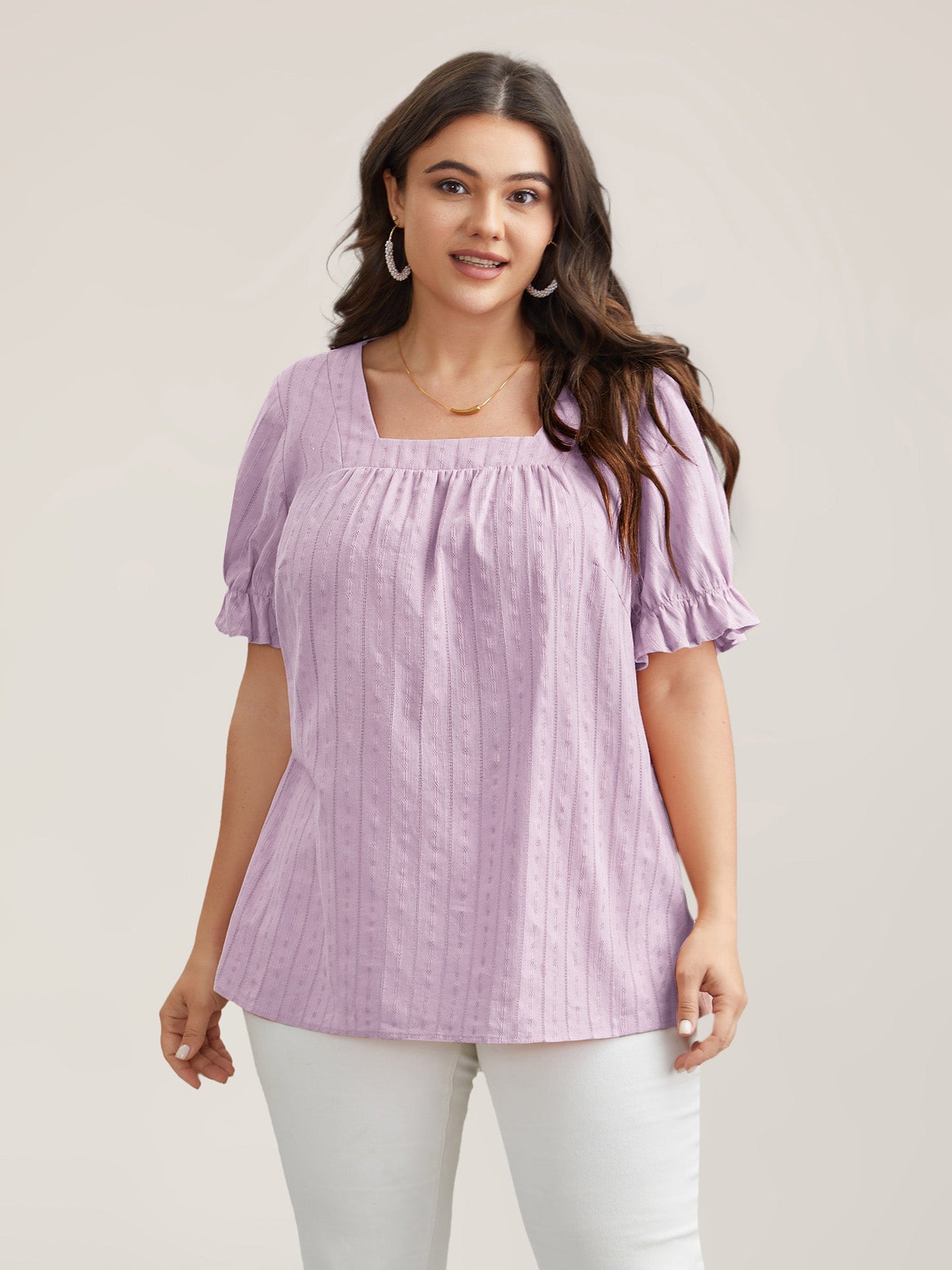 Cotton Square Neck Ruffled Sleeve Shirt