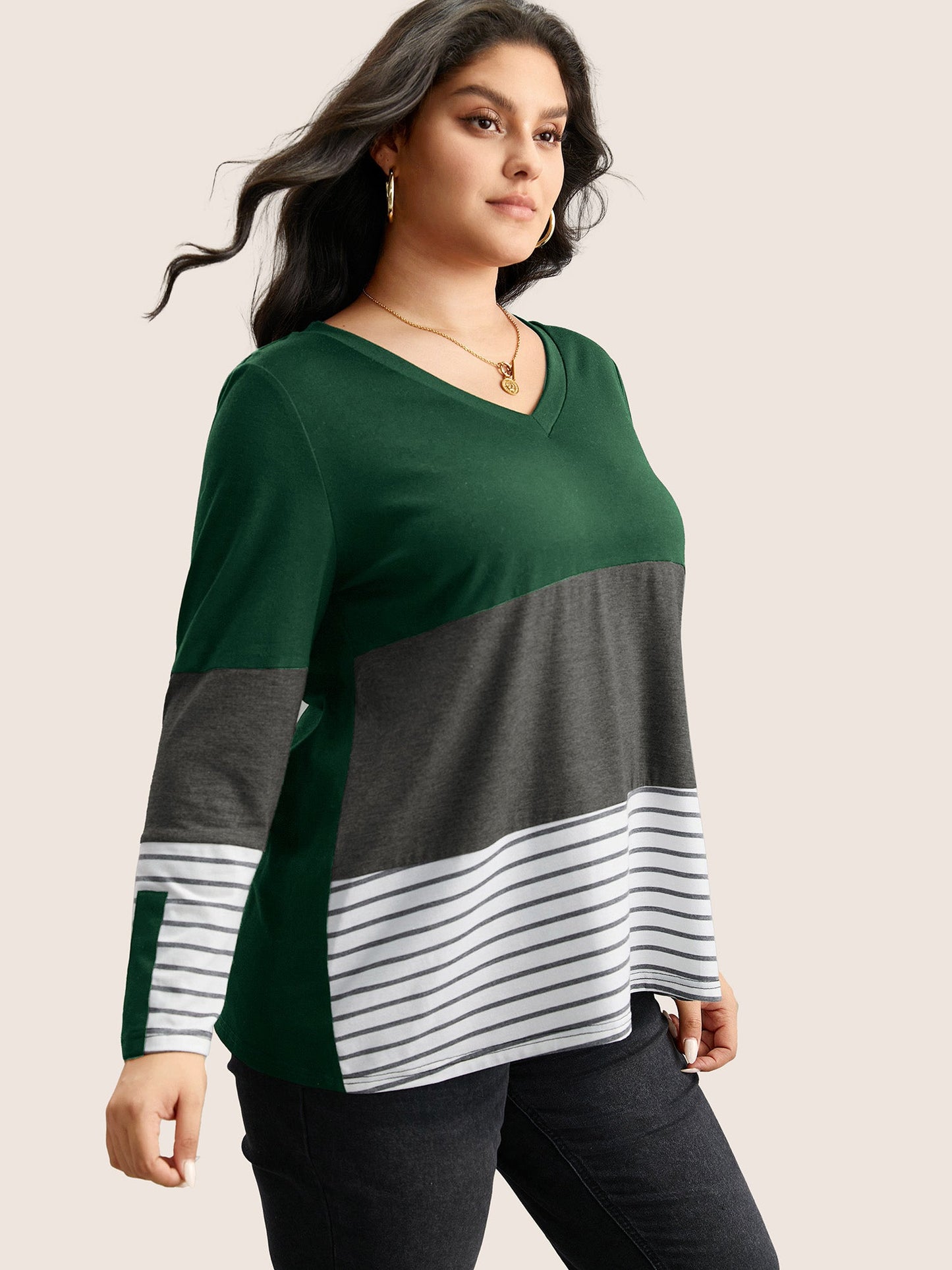 Colorblock Contrast Striped V Neck T-shirt