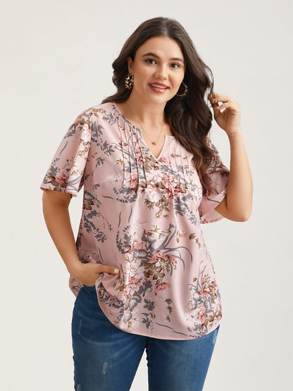 Spring Pattern Neck Cut-Out Pleated Shirt