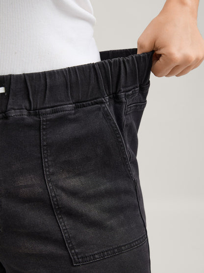 Drawstring Elastic Waist Roll Hem Jeans