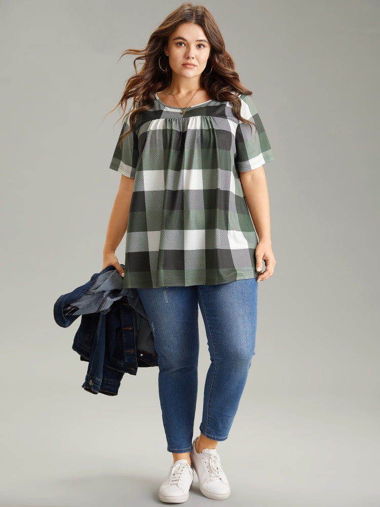 Plaid Round Neck Gathered T-shirt