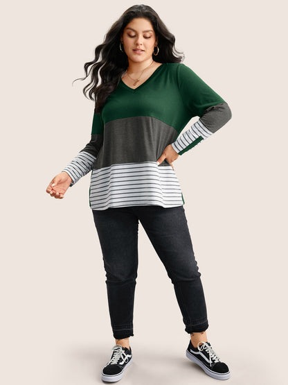 Colorblock Contrast Striped V Neck T-shirt