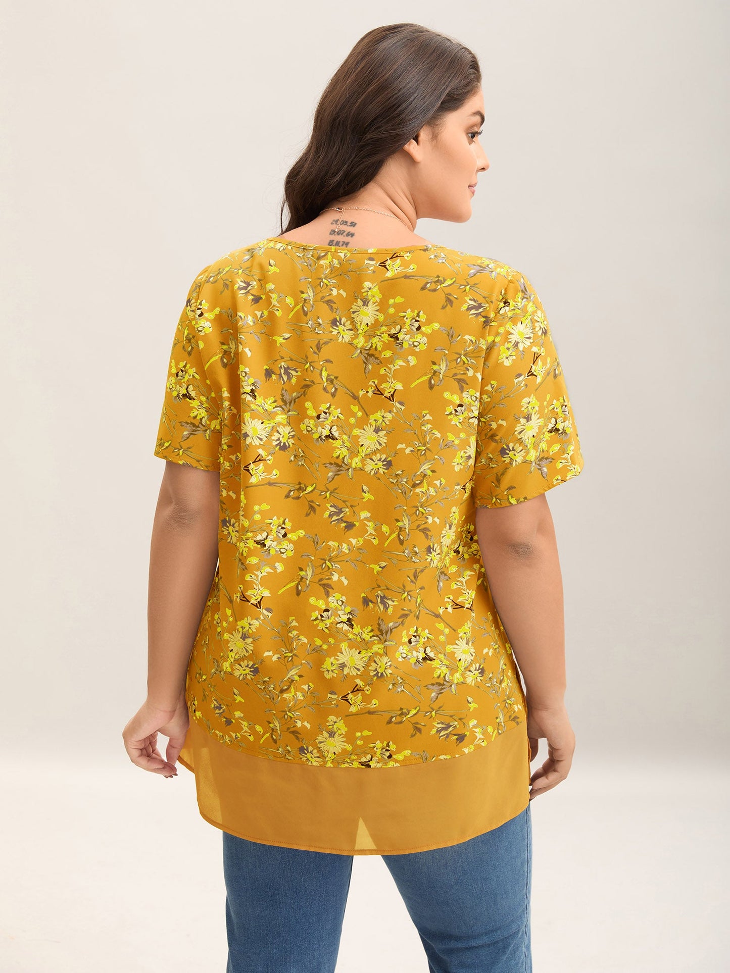 Garden Print Spliced V-Neck Blouse