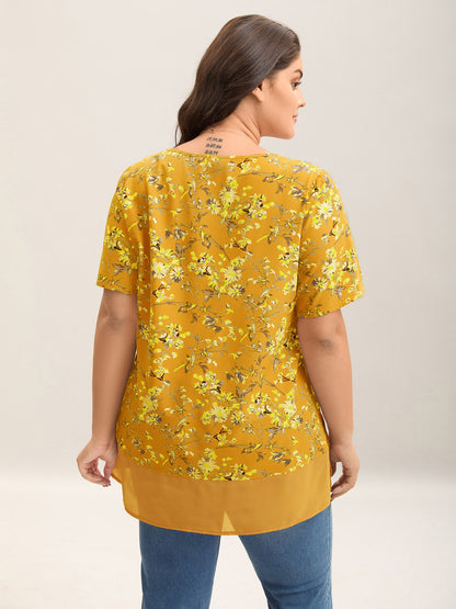 Garden Print Spliced V-Neck Blouse
