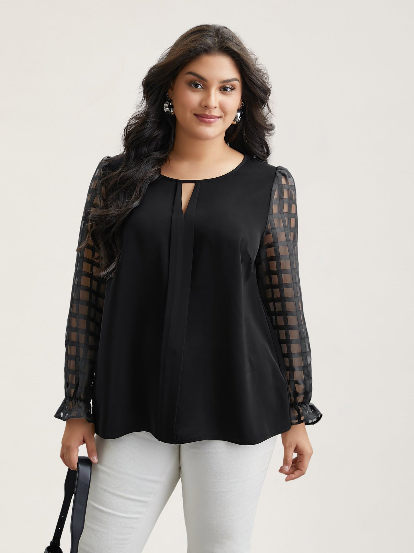 Sheer Textured Sleeve Neck Cut-Out Shirt