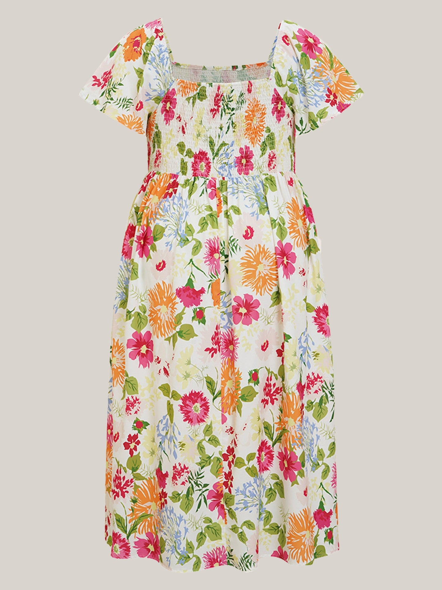 Floral Shirred Square Neck Pocket Midi Dress