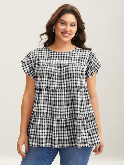 Plaid Print Textured Lotus Leaf Sleeve Shirt