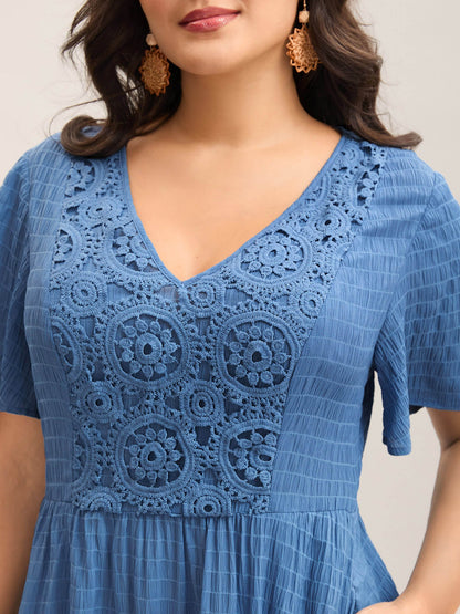 Lace Textured Pockets Tiered Midi Dress