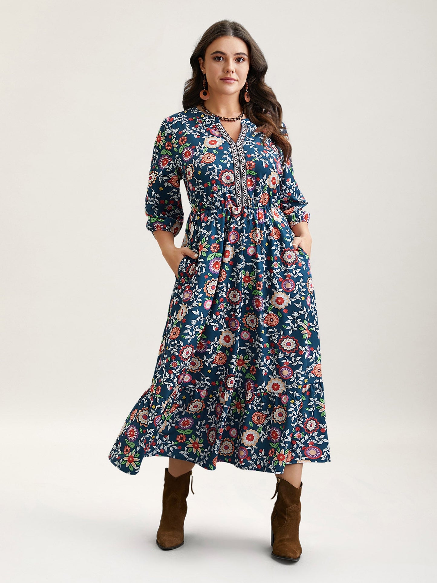 Floral Print Stretchy-Waist Pockets Maxi Dress