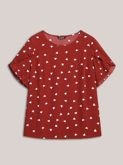 Ruffled Overlap Sleeve Heart Pattern Blouse