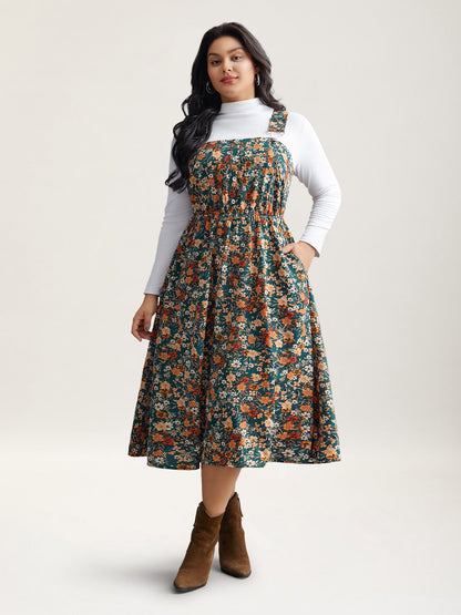 Ditsy Floral Adjustable Straps Elastic Waist Dress