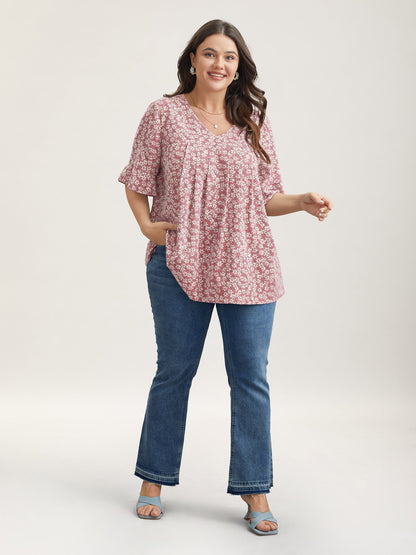 Ditsy Floral Pleated Flared Sleeve Shirt