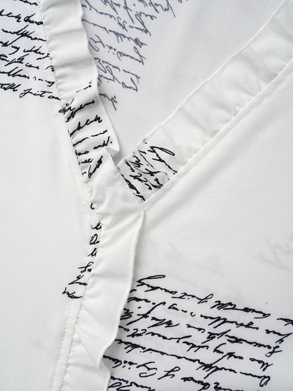 Text Pattern Ruffled Lantern Sleeve Blouse