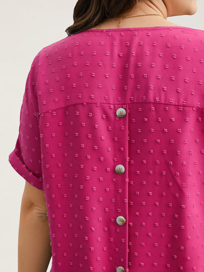 Back-Button Textured V-Neck Shirt