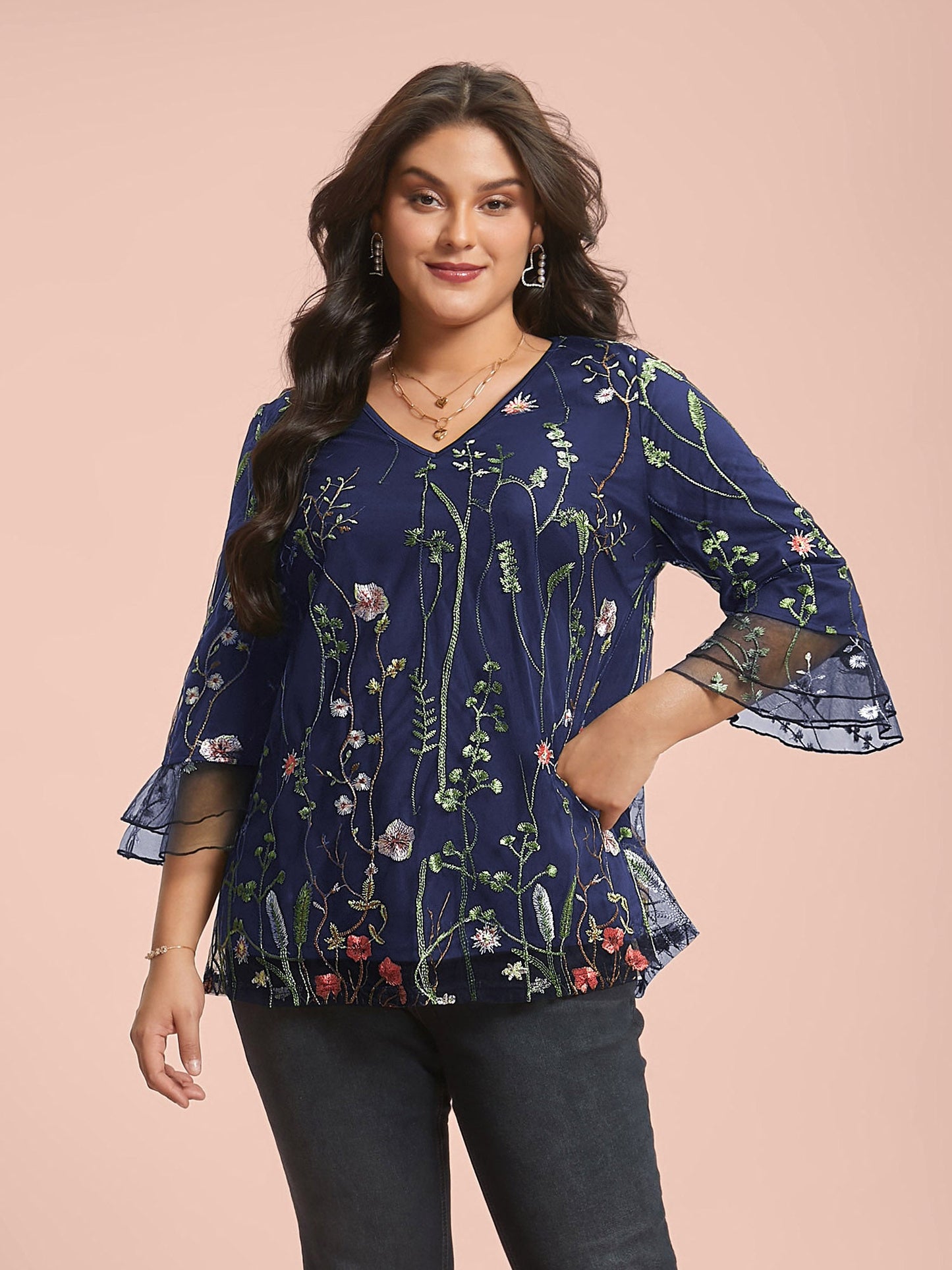 Embroidered Mesh Lotus Leaf Sleeve Blouse