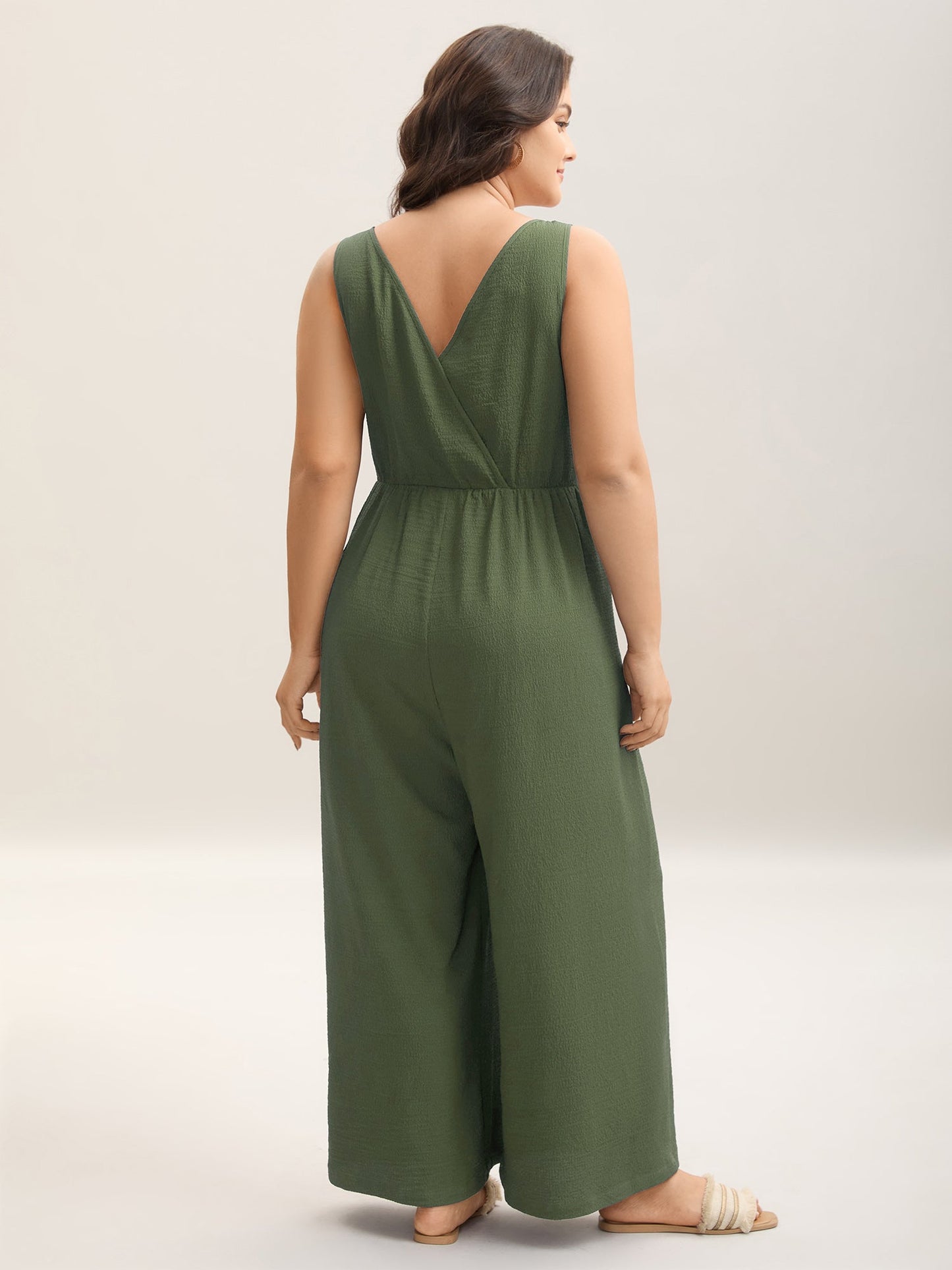 Shirred Pockets Wide-Leg Plain Jumpsuit