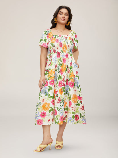 Floral Shirred Square Neck Pocket Midi Dress