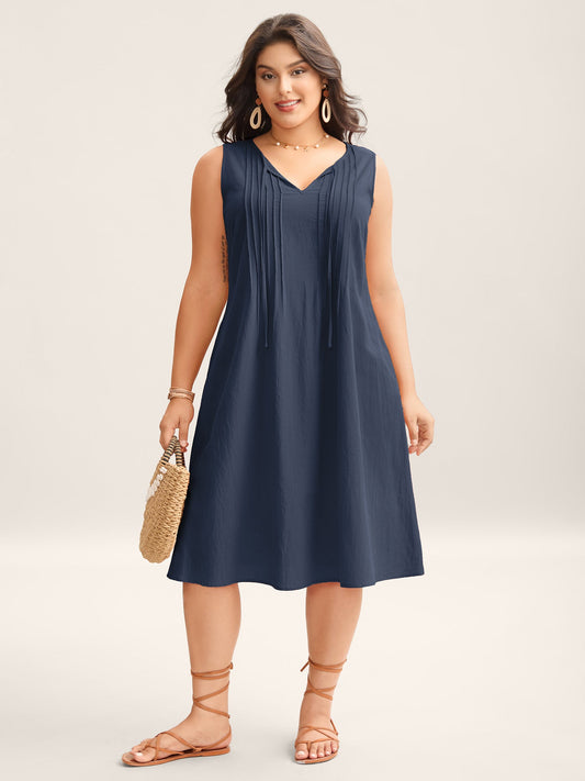 Cotton Toothpick Pleat Plain Midi Dress