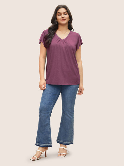 Solid Heather Gathered Ruffle Sleeve T-shirt