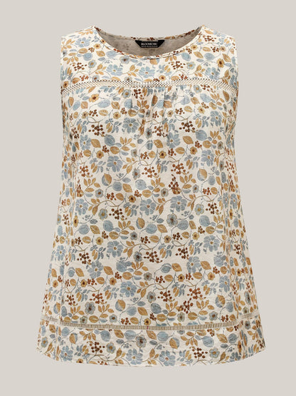 Lace Trim Spliced Floral Print Tank Top