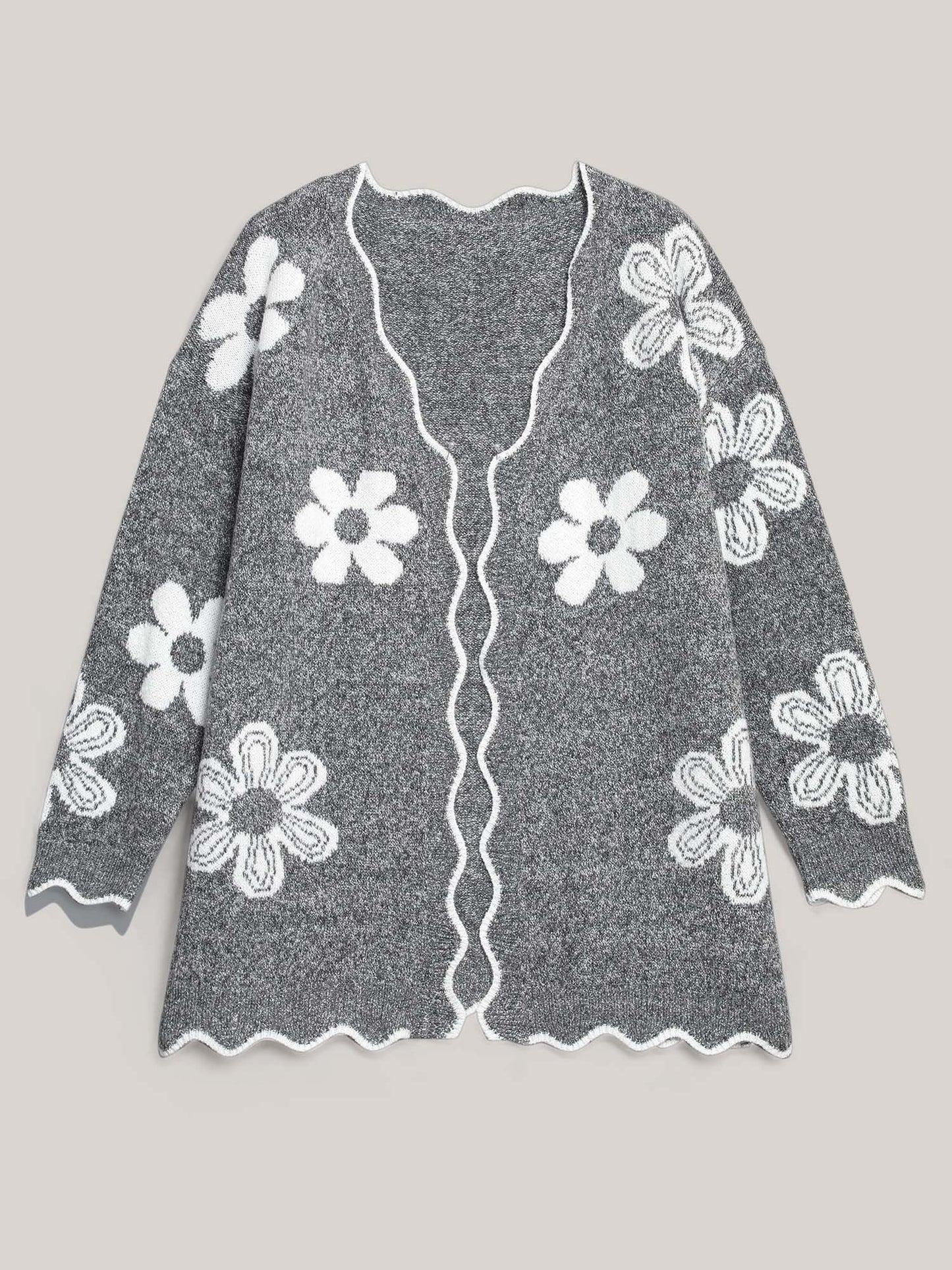 Floral Pattern Open-Front Knitted Cardigan