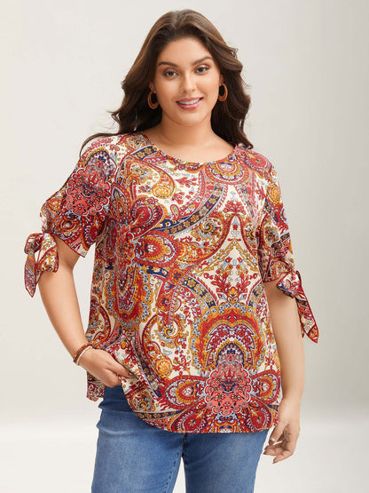 Paisley Print Round Neck Tied Shirt