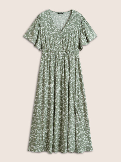 Bloom Dress - Flutter Sleeve Ditsy Floral Pocket Split Maxi Dress