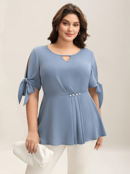 Knotted Sleeve Pearl Detail Keyhole Blouse