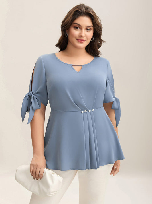 Knotted Sleeve Pearl Detail Keyhole Blouse