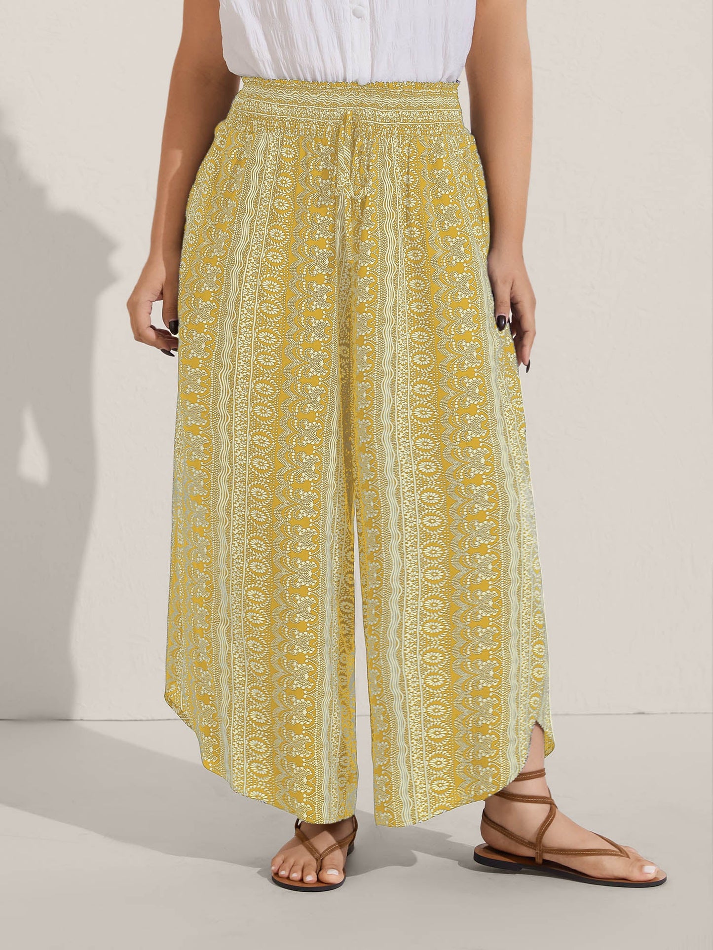 Boho Print Shirred Waist Wide-Leg Pants