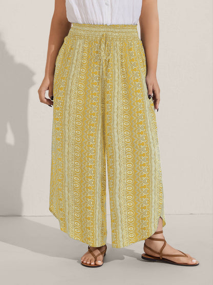 Boho Print Shirred Waist Wide-Leg Pants