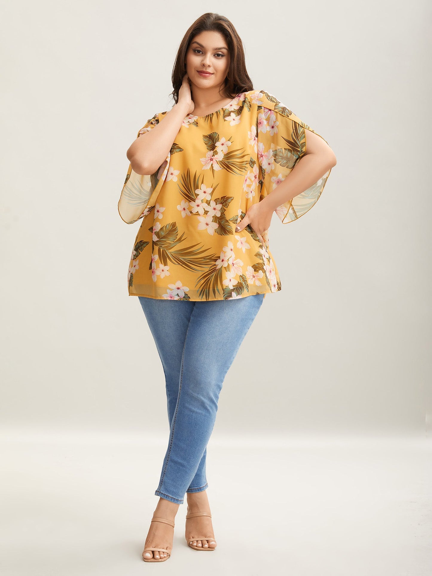 Petal Sleeve Floral Round Neck Shirt