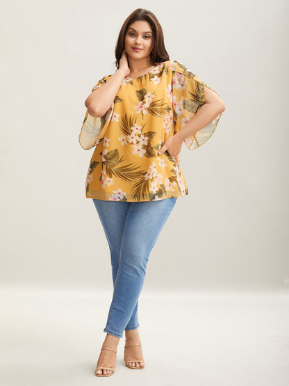 Petal Sleeve Floral Round Neck Shirt
