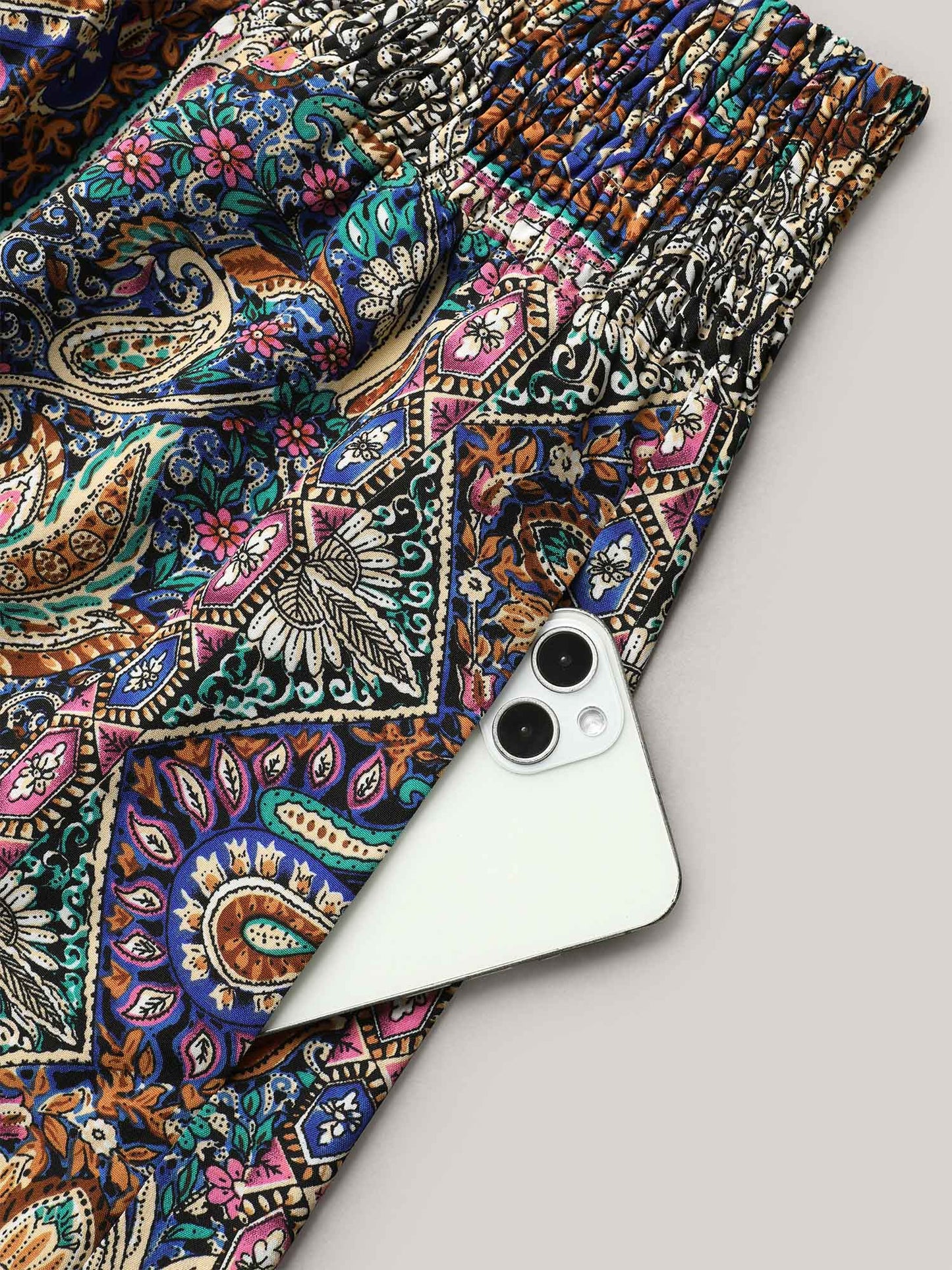 Boho Print Shirred Waist Midi Skirt