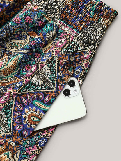 Boho Print Shirred Waist Midi Skirt