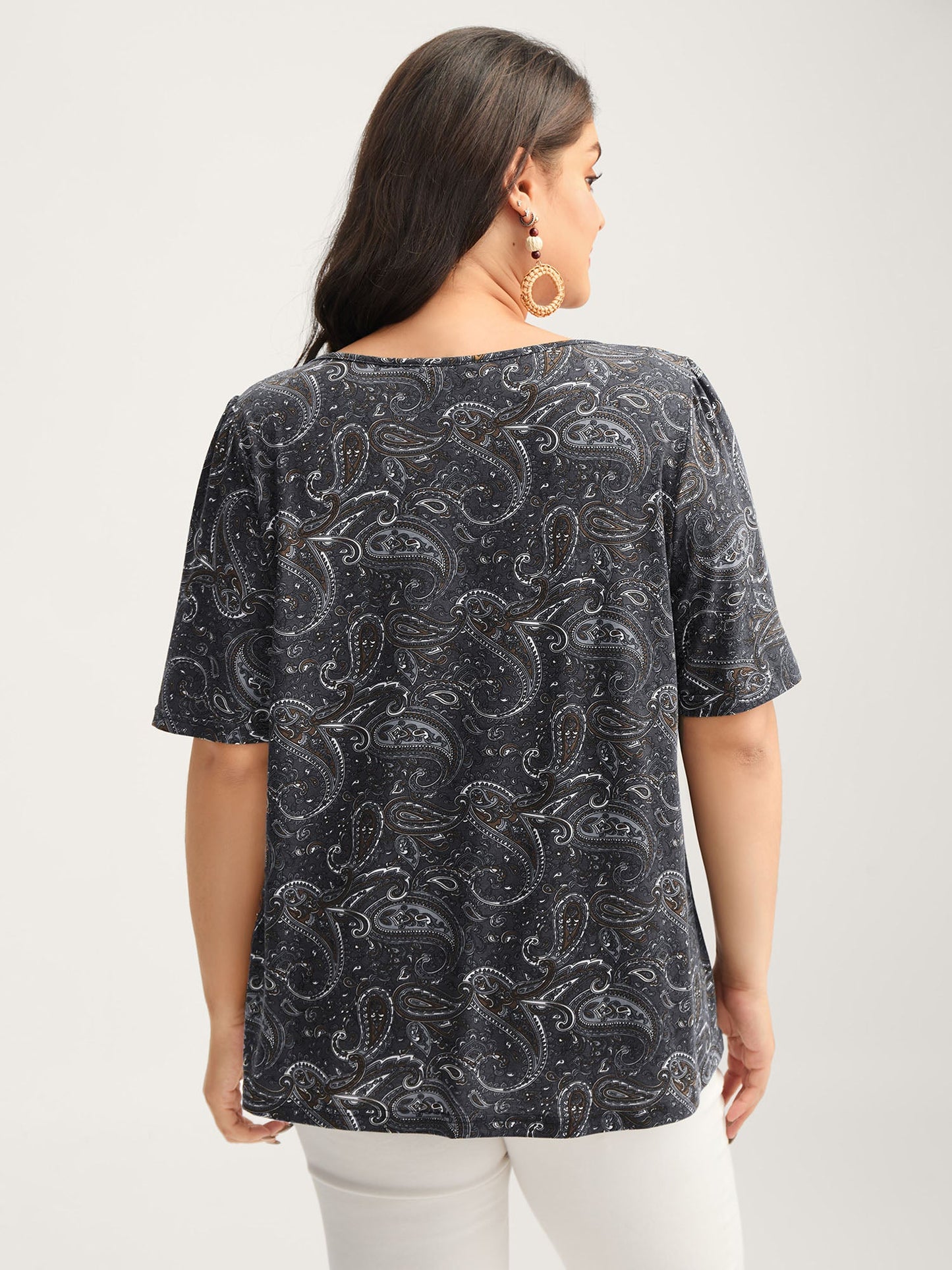 Paisley Print Neck Cut-Out Pleated Top