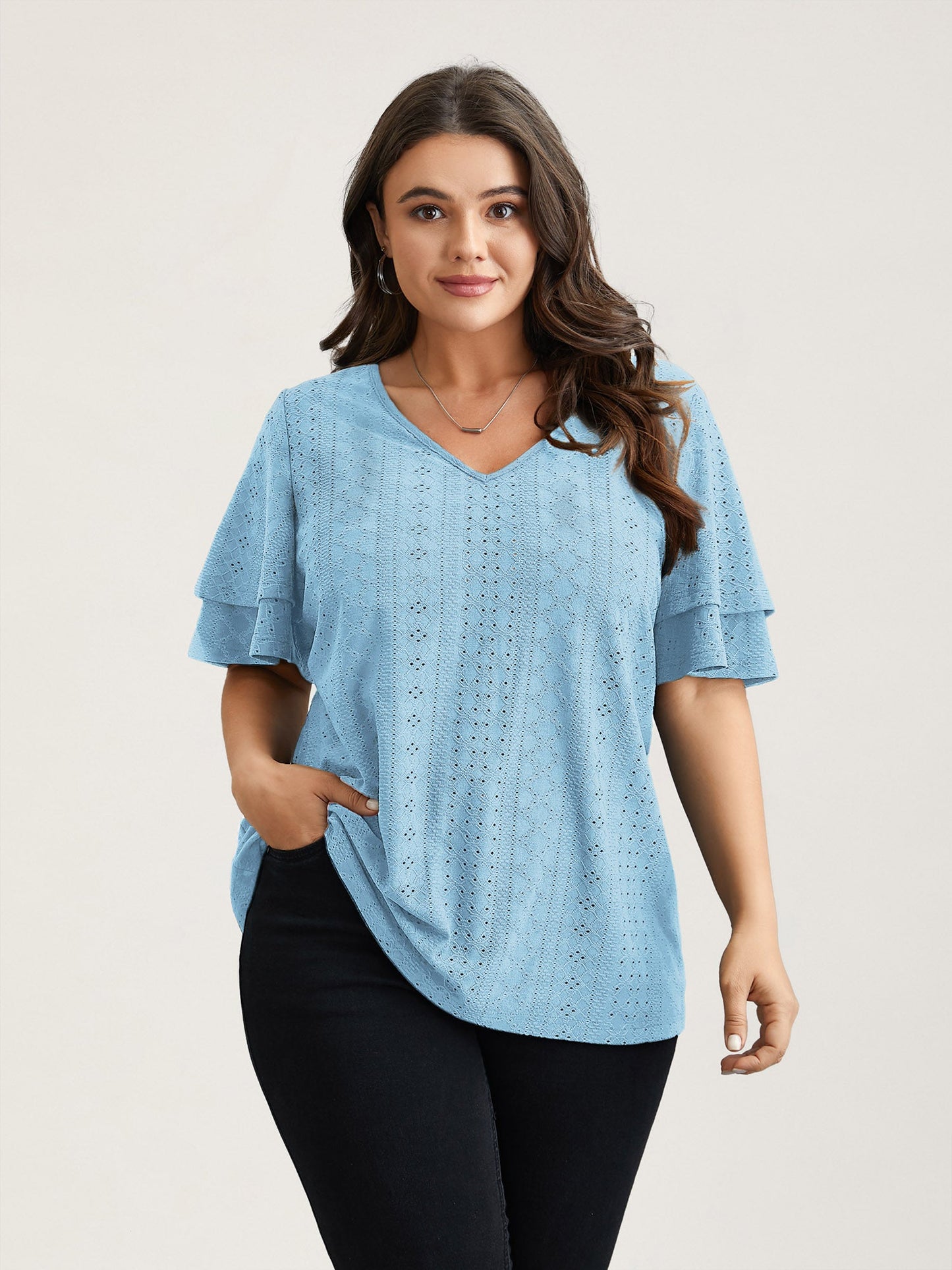 Jacquard Textured Lotus Leaf Sleeve Top
