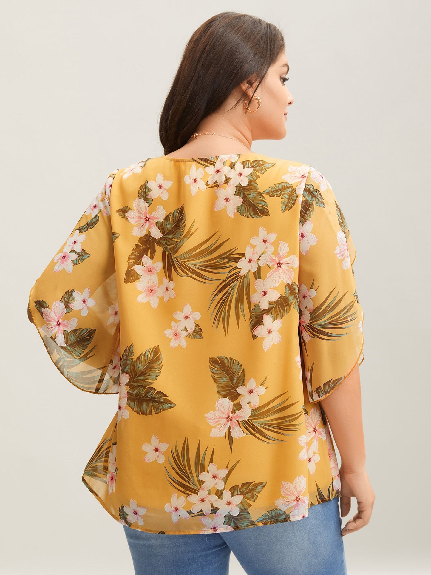 Petal Sleeve Floral Round Neck Shirt