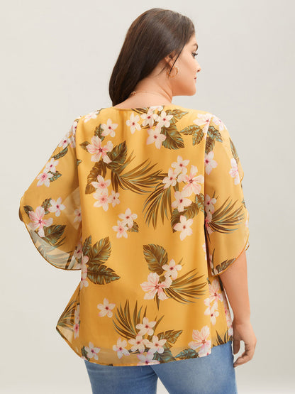 Petal Sleeve Floral Round Neck Shirt
