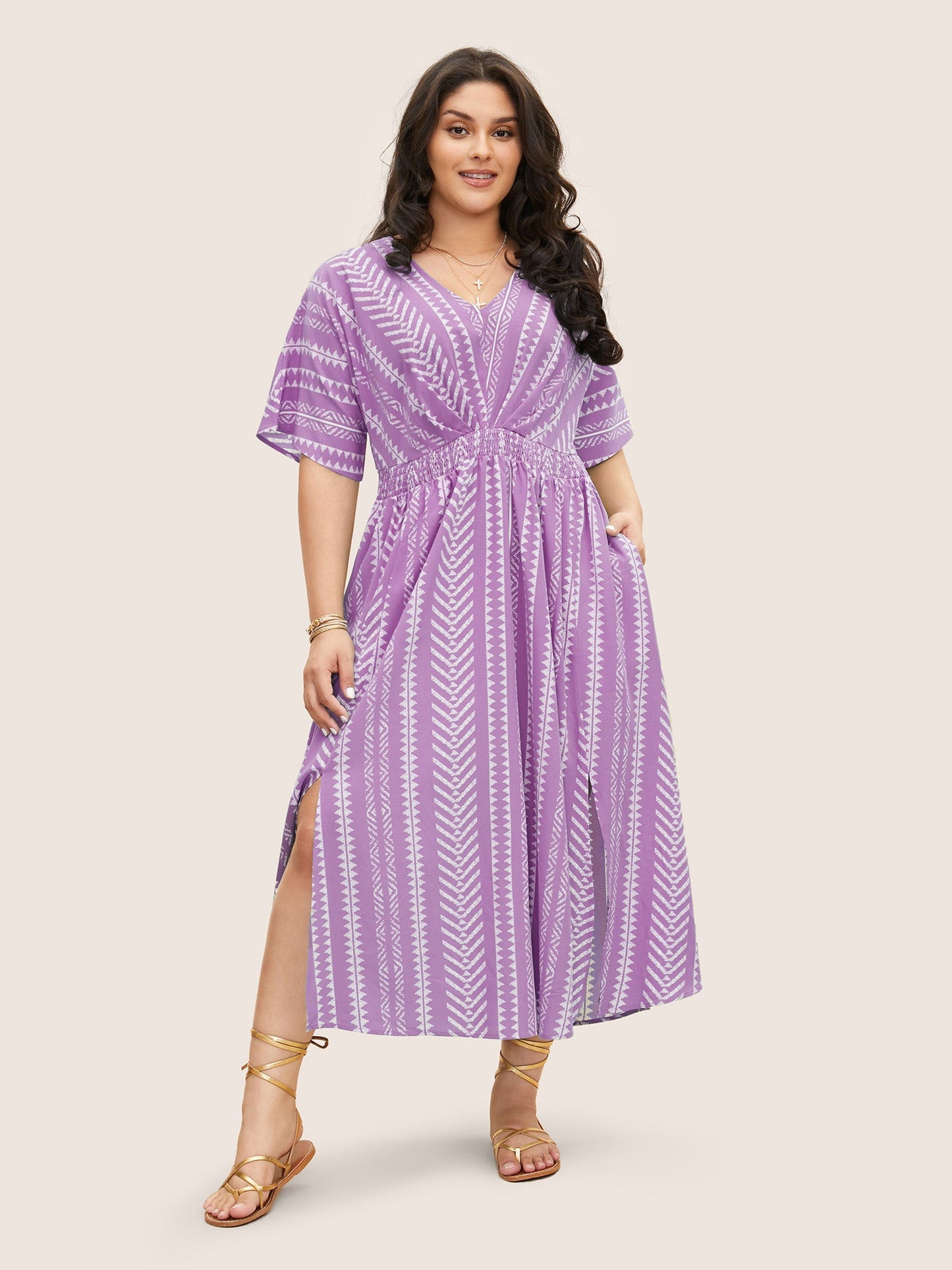 Solid Geometric Dolman Sleeve Pocket Shirred Split Hem Dress