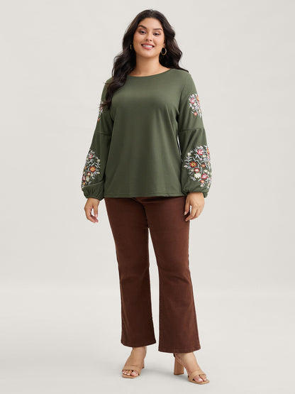 Waffle Knit Floral Embroidered Lantern Sleeve T-shirt