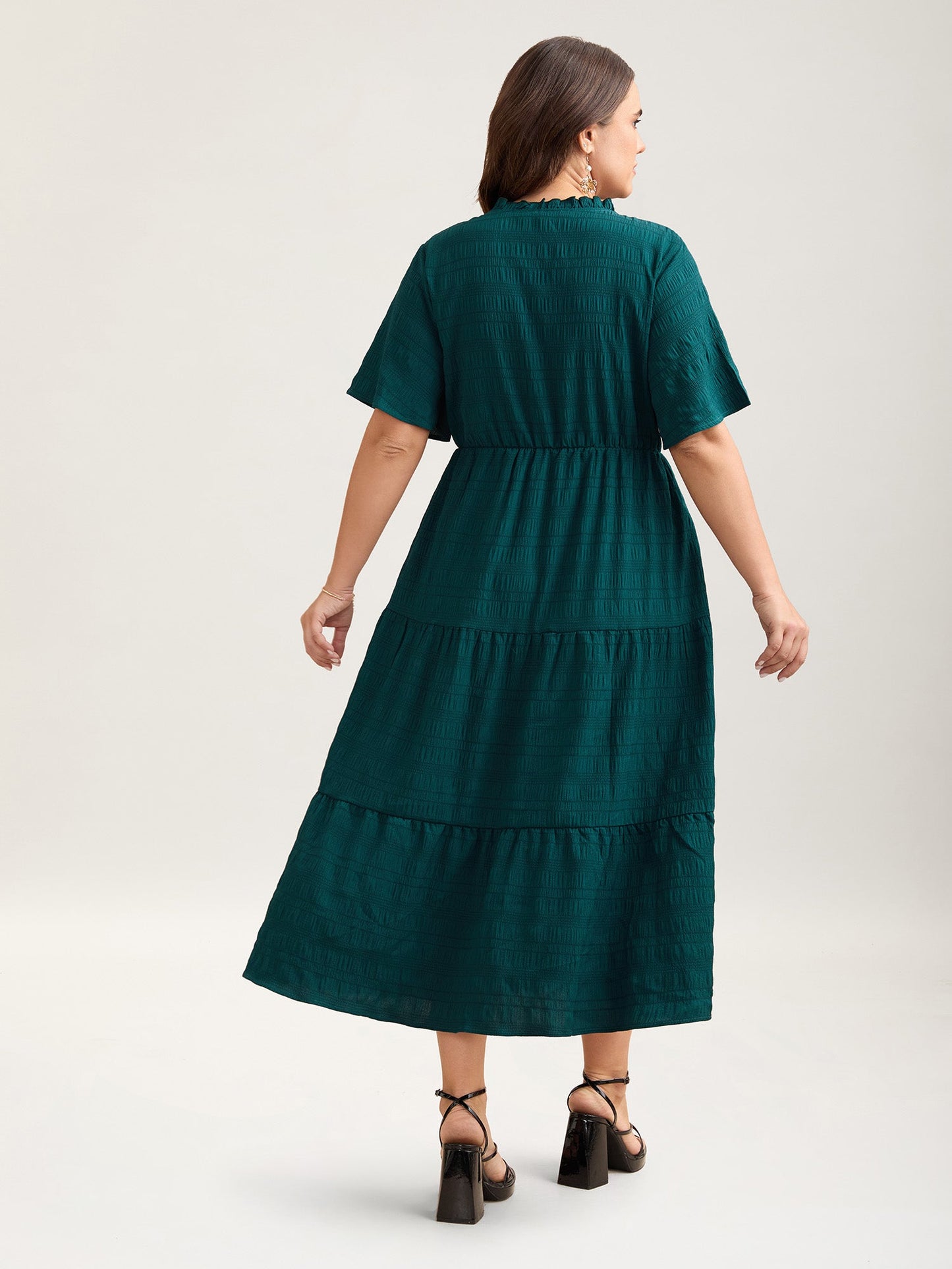 Stretchy Waist Frill Trim Pockets Midi Dress