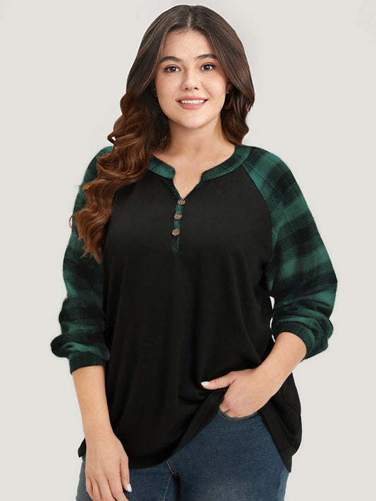 Plaid Patchwork Notched Button Detail Sweatshirt