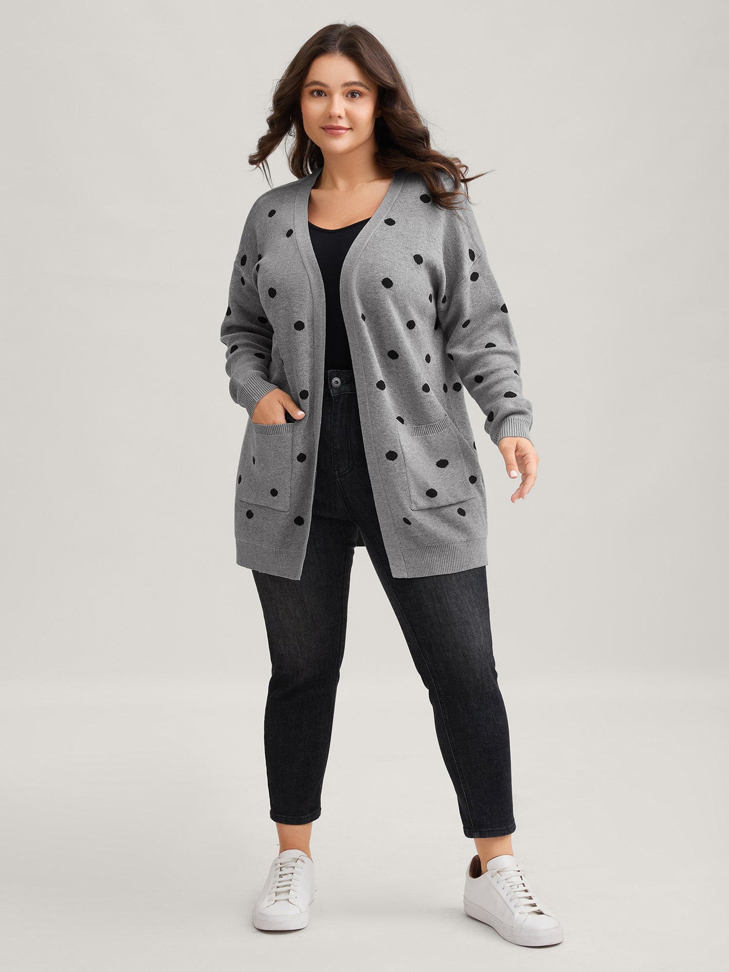 Polka Dot Kimono Collar Patch Pocket Cardigan
