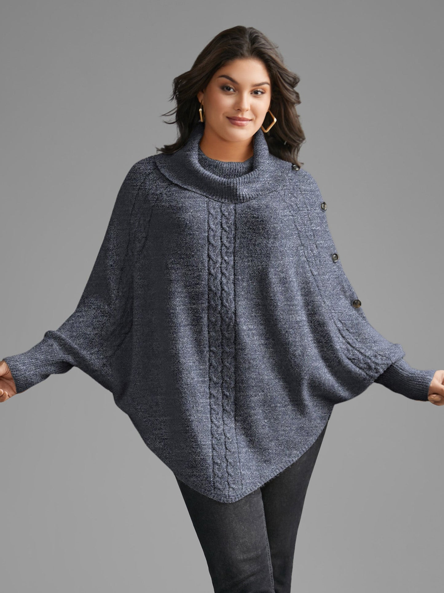 Turtleneck Cable Knit Asymmetrical Hem Pullover