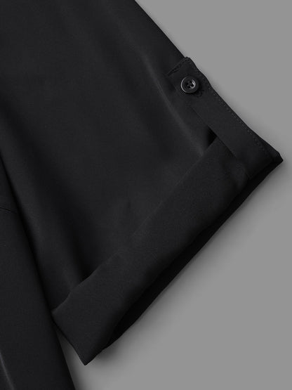 Plain V Neck Half Zip Tab Sleeve Blouse