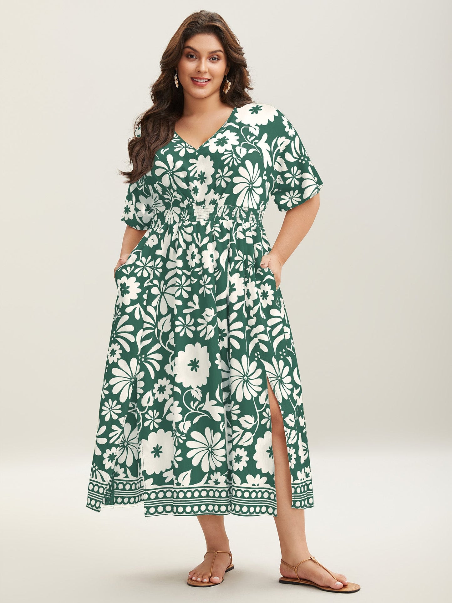 Large Floral Print Pockets Midi Dress